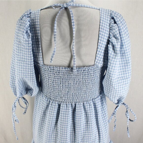 Asos Design Gingham Midi Dress Womens Size 4 Bue White Check Square Neck Smocked - Picture 6 of 7